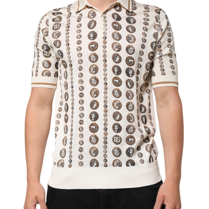 Dolce & Gabbana Seidenpolohemd für Herren mit Elfenbein-Münzaufdruck und Logo