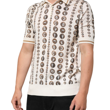 Dolce & Gabbana Seidenpolohemd für Herren mit Elfenbein-Münzaufdruck und Logo