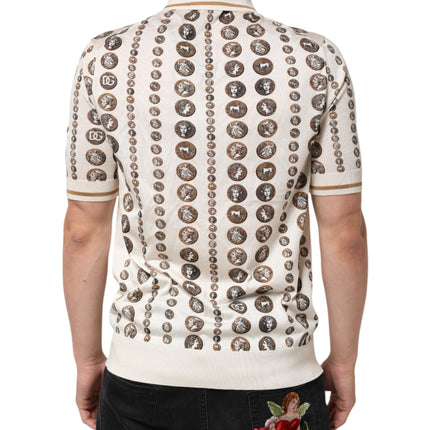 Dolce & Gabbana Seidenpolohemd für Herren mit Elfenbein-Münzaufdruck und Logo