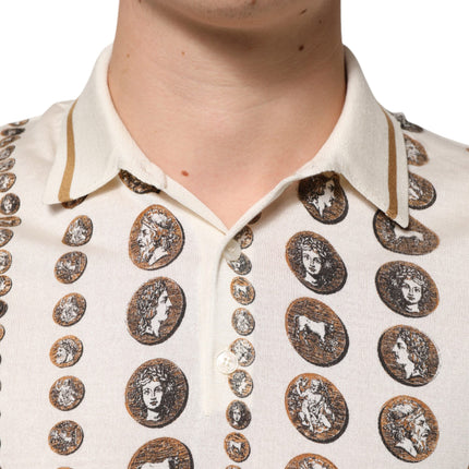 Dolce & Gabbana Seidenpolohemd für Herren mit Elfenbein-Münzaufdruck und Logo