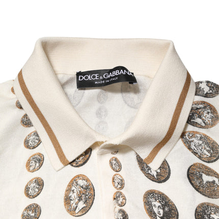 Dolce & Gabbana Seidenpolohemd für Herren mit Elfenbein-Münzaufdruck und Logo